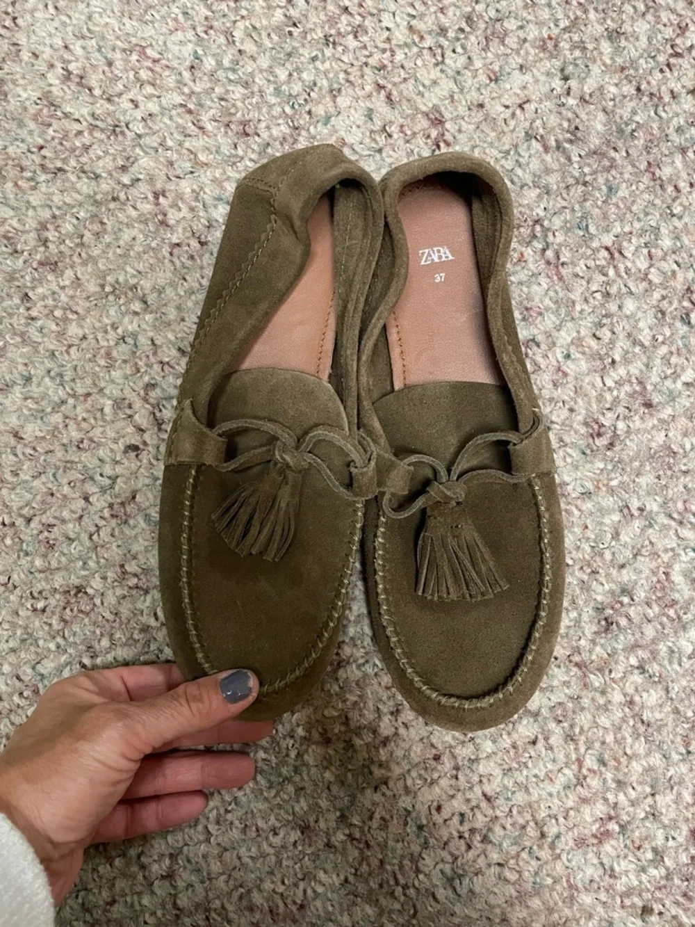 Zara Olive Green Suede Tassel flat Loafers - Picture 3 of 9
